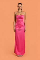 Hot Pink Sheath Satin Ruched Strapless Long Bridesmaid Dress