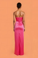 Hot Pink Sheath Satin Ruched Strapless Long Bridesmaid Dress