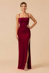 Cabernet Sheath Spaghetti Straps Long Bridesmaid Dress with Slit
