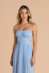 Light Blue A Line Chiffon Spaghetti Straps Long Bridesmaid Dress