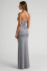 Steel Grey Satin Sheath Spaghetti Straps Ruched Long Bridesmaid Dress