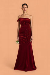 Burgundy Velvet Mermaid One Shoulder Ruched Long Bridesmaid Dress