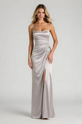 Silver Satin Sheath Spaghetti Straps Ruched Long Bridesmaid Dress with Slit