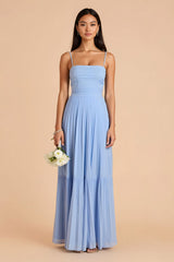 Light Blue A Line Chiffon Spaghetti Straps Long Bridesmaid Dress