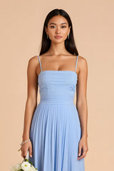 Light Blue A Line Chiffon Spaghetti Straps Long Bridesmaid Dress