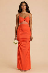 Orange Sheath Cut Out Ruched Long Bridesmaid Dress