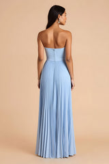 Sky Blue A Line Chiffon Pleated Spaghetti Straps Long Bridesmaid Dress