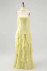 Yellow Strapless Chiffon Neck Scarf A-Line Ruffled Long Wedding Guest Dress