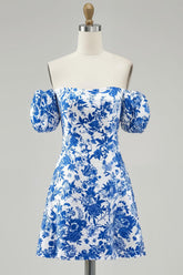 Blue Floral Chiffon Off the Shoulder Short Homecoming Dress with Sleeves