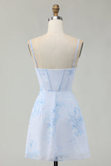 Light Blue Floral Tight Ruched Short Corset Homecoming Dress