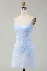 Light Blue Floral Tight Ruched Short Corset Homecoming Dress