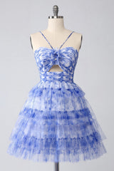 Blue Tiered Keyhole Floral Short Homecoming Dress with Ruffles