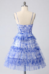 Blue Tiered Keyhole Floral Short Homecoming Dress with Ruffles
