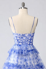 Blue Tiered Keyhole Floral Short Homecoming Dress with Ruffles