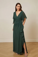 Dark Green Chiffon Sheath Ruched Long Mother of the Bride Dress with Ruffles