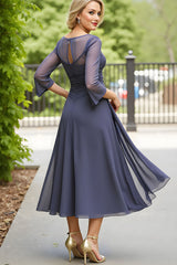 Steel Grey Chiffon A Line Boat Neck Long Mother of the Bride Dress with Sleeves