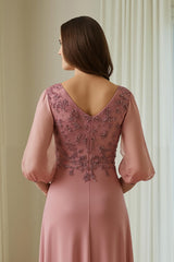 Dusty Rose Chiffon Appliqued Long Mother of the Bride Dress with Sleeves