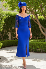 Royal Blue Satin Sheath Off The Shoulder Long Mother of the Bride Dress with Slit