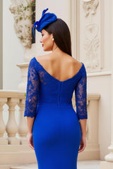 Royal Blue Satin Sheath Off The Shoulder Long Mother of the Bride Dress with Slit