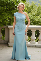 Light Blue Sheath One Shoulder Long Mother of the Bride Dress with Appliques