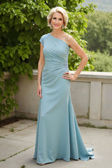 Light Blue Sheath One Shoulder Long Mother of the Bride Dress with Appliques