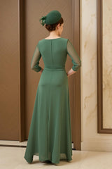 Dark Green Chiffon Ruched Long Mother of the Bride Dress with Sleeves