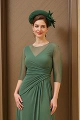 Dark Green Chiffon Ruched Long Mother of the Bride Dress with Sleeves