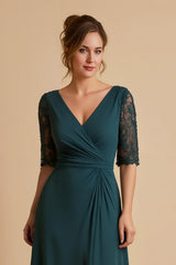 Pine Chiffon Ruched A Line Midi Mother of the Bride Dress with Lace