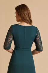 Pine Chiffon Ruched A Line Midi Mother of the Bride Dress with Lace
