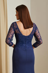 Navy Mermaid Satin Illusion Boat Neck Long Mother of the Bride Dress with Slit