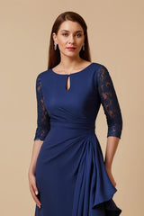 Navy Sheath Ruched Long Mother of the Bride Dress with Lace Sleeves