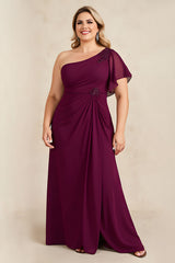 Burgundy One Shoulder Ruched Long Plus Size Mother of the Bride Dress