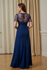 Navy Chiffon A Line Illusion Boat Neck Long Mother of the Bride Dress with Sleeves