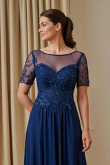 Navy Chiffon A Line Illusion Boat Neck Long Mother of the Bride Dress with Sleeves