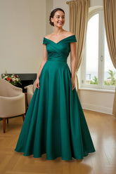 Dark Green A Line Satin Off The Shoulder Long Mother of the Bride Dress