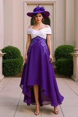 Purple A Line Chiffon Off The Shoulder Asymmetrical Mother of the Bride Dress with Appliques