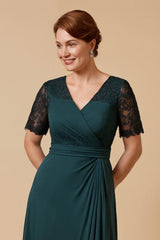 Pine Chiffon V-Neck Long Mother of the Bride Dress with Sleeves
