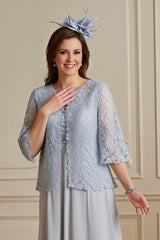 Silver 2 Piece Midi Mother of the Bride Dress with Sleeves