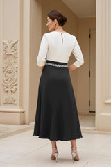 Black A Line Chiffon Boat Neck Midi Mother of the Bride Dress with Sleeves
