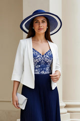 Navy 2 Piece A Line Chiffon Pleated Midi Mother of the Bride Dress with Sleeves