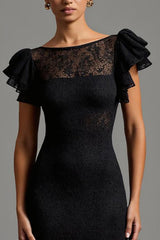 Black Lace Mermaid Boat Neck Long Formal Dress with Ruffles