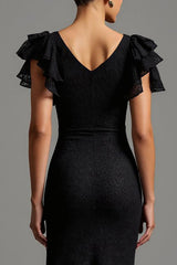 Black Lace Mermaid Boat Neck Long Formal Dress with Ruffles