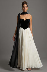 Black and White Chiffon Sweetheart A Line Pleated Long Formal Dress