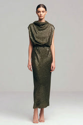 Sparkly Olive Cowl Neck Sheath Long Sequins Holiday Party Dress