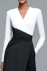 Black and White Patchwork Long Formal Dress with Pockets
