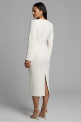 Simple Ivory Pencil Bateau Neck Midi Work Dress with Sleeves