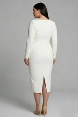 Simple Ivory Pencil Bateau Neck Midi Work Dress with Sleeves