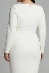 Plus Size Simple Ivory Bateau Neck Pencil Midi Work Dress with Sleeves