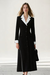 Black and White A Line Notched Lapel Long Blazer Dress with Sleeves