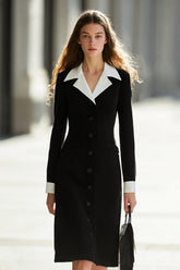 Black and White Single Breasted Midi Work Dress with Sleeves